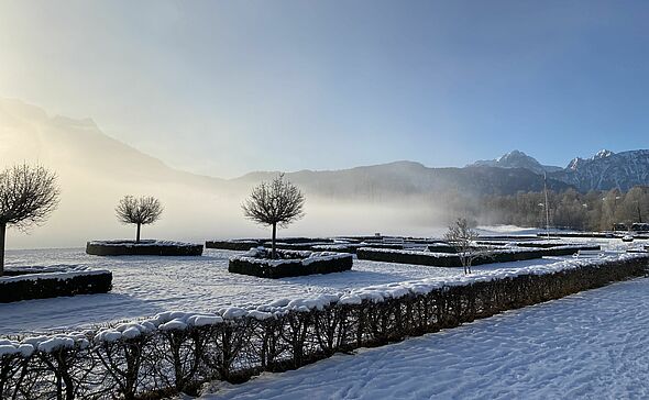Verschneiter Park vor aufsteigendem Nebel und Alpen