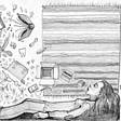 Zeichnung: schlafendes, träumendes Mädchen, Gegenstände fliegen im Zimmer herum